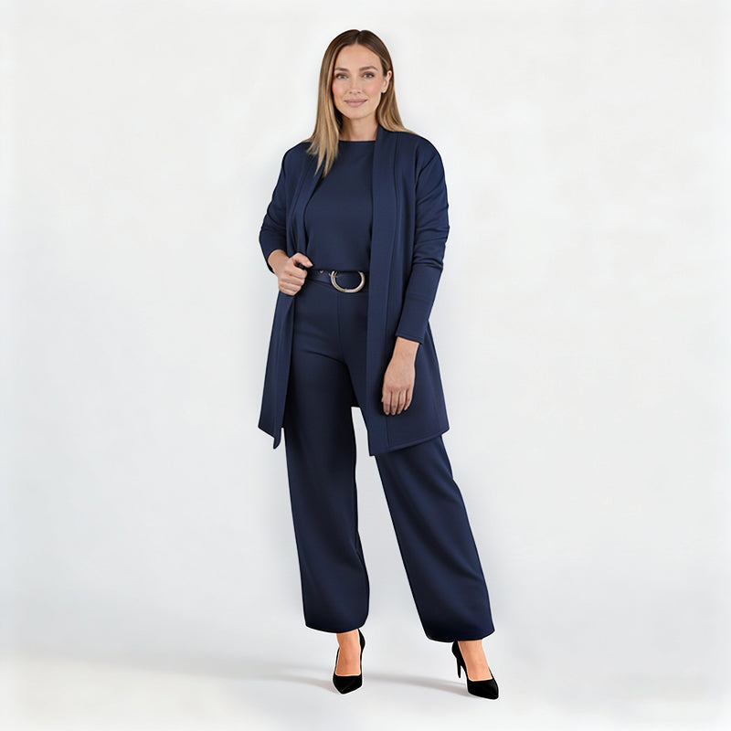 Elegant 3-delat set med lång cardigan, topp och byxor