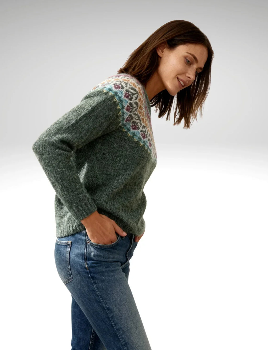 VEUGER MODEHOUS Yoke Pullover — Moosgrön Flerfärgad
