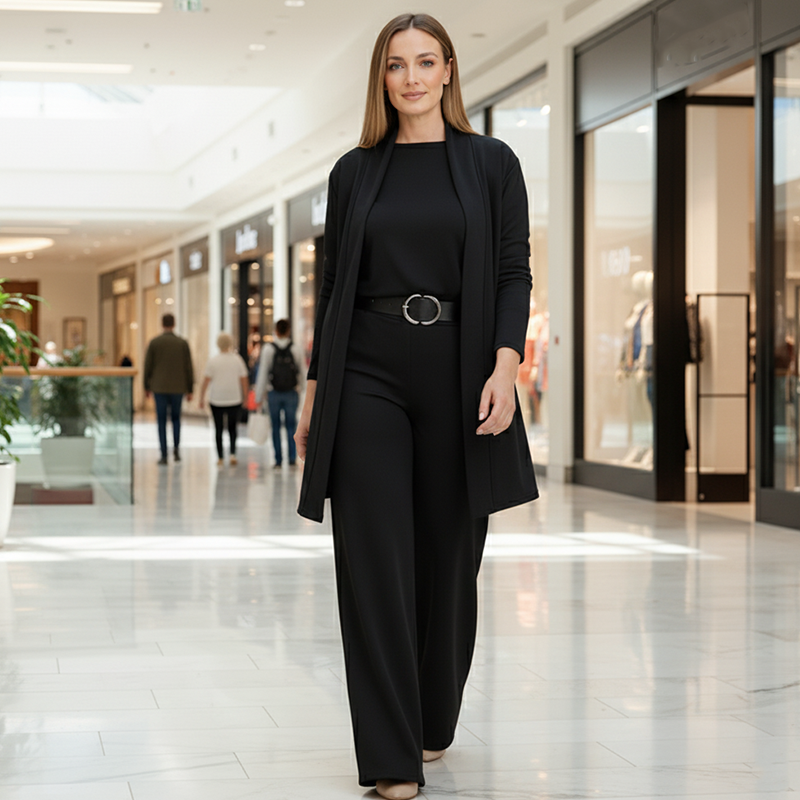 Elegant 3-delat set med lång cardigan, topp och byxor