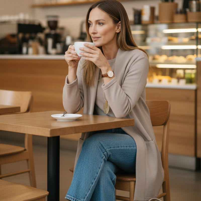 Elegant 3-delat set med lång cardigan, topp och byxor