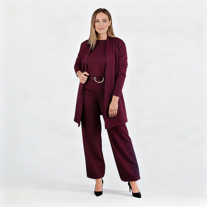 Elegant 3-delat set med lång cardigan, topp och byxor