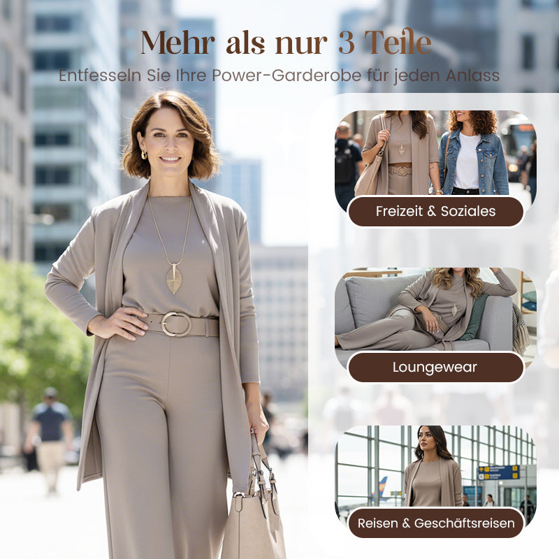 Elegant 3-delat set med lång cardigan, topp och byxor