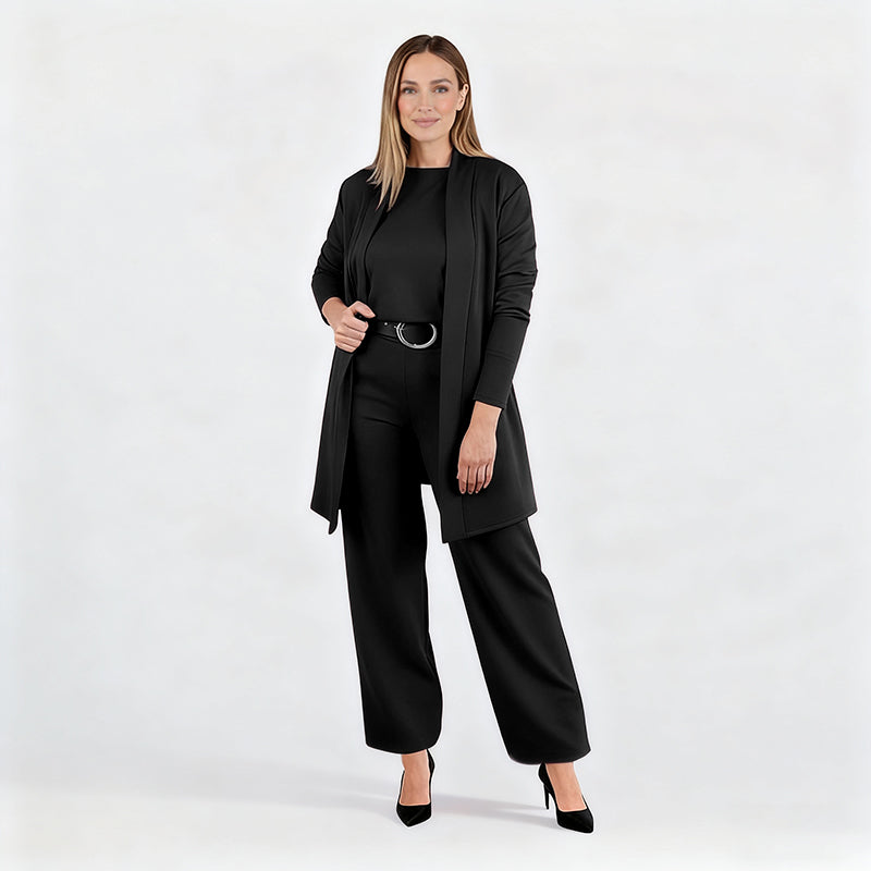 Elegant 3-delat set med lång cardigan, topp och byxor