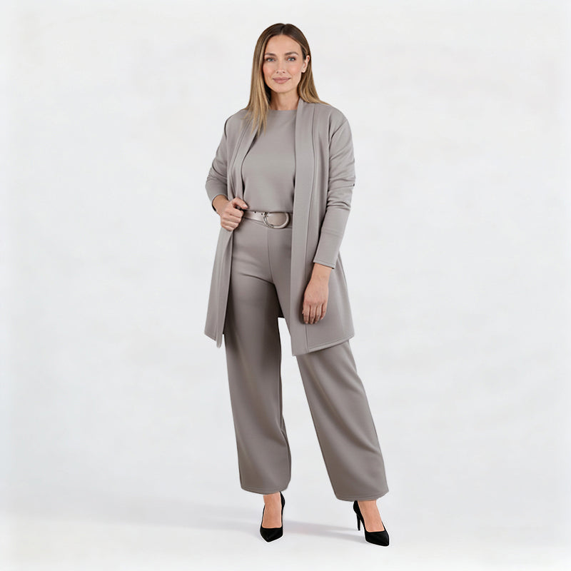 Elegant 3-delat set med lång cardigan, topp och byxor