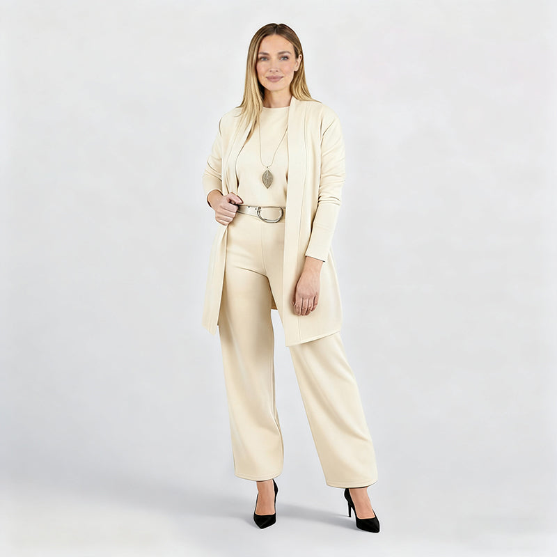 Elegant 3-delat set med lång cardigan, topp och byxor
