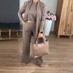 Elegant 3-delat set med lång cardigan, topp och byxor