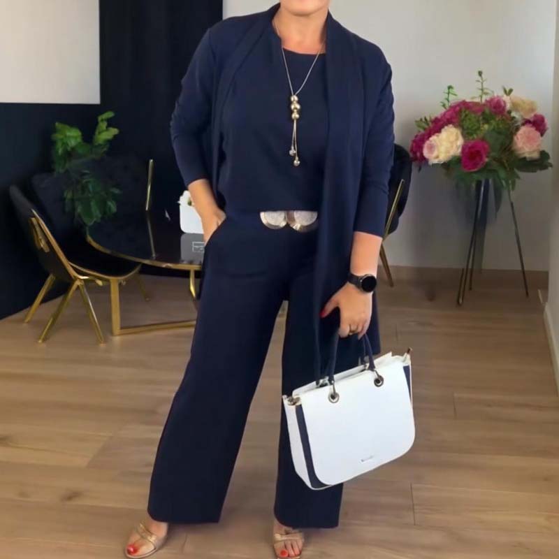 Elegant 3-delat set med lång cardigan, topp och byxor